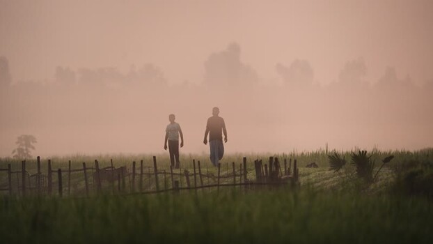 View of people walking through a misty field in Bogura Bangladesh.