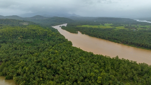 Aerial view of the Sharavathi River winding through dense tropical forests lush palm plantations and rolling hills under a cloudy sky in Honnavar Karnataka India.