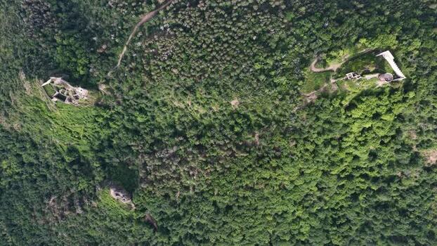 Aerial view of the Three Castles of Ribeauville ruins France. Aerial view of the Three Castles of Ribeauville ruins France.