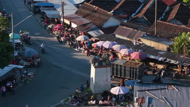 Aerial view of a roadside market in Kemalang Indonesia.