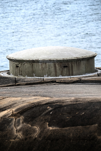 Rio de Janeiro Brazil 02 June 2026 View of the concrete bunker at Copacabana Fort overlooking the Atlantic Ocean with weathered stone surfaces and small observation slits.
