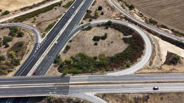 Aerial view of Trakiya Highway interchange in Bulgaria.
