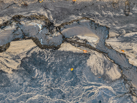 Aerial view of a muddy landscape with intricate water channels sandy deposits and scattered autumn leaves in Latvia.
