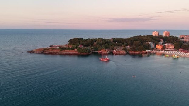 Aerial view of a boat near the coast of Kiten Bulgaria.