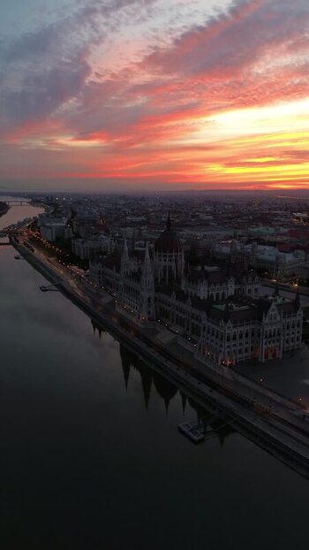 Aerial view of the Hungarian Parliament Building at sunset Hungary.