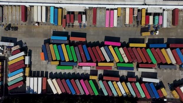 Aerial view of shipping container yard in Carson United States.