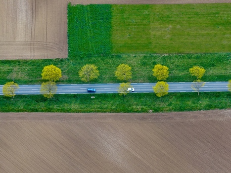 Aerial view of vehicles gliding along a tree lined road slicing through a patchwork of brown fields and vibrant green pastures Neuf Brisach Grand Est France.