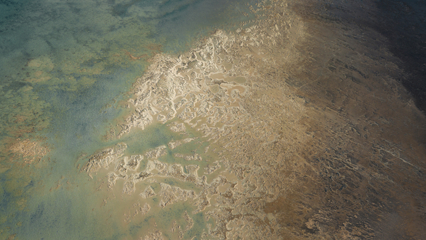 Aerial view of the intricate blue water and sand patterns along the coastline of Denham Western Australia Australia. Aerial view of the intricate blue water and sand patterns along the coastline of Denham Western Australia Australia.