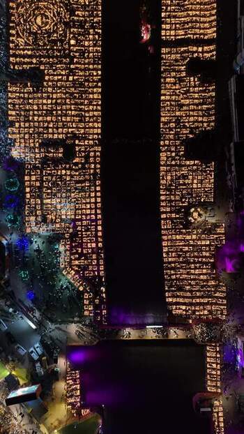 Aerial view of Deepotsav festival with oil lamps in Ayodhya India.