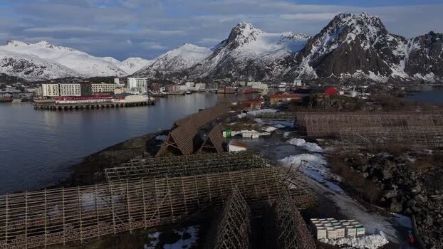 Aerial view of Lofoten fish drying racks in Vagan Municipality Norway.
