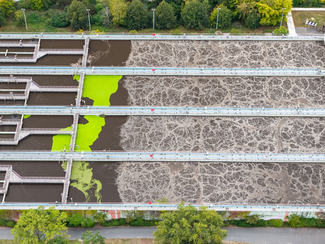 Aerial view of the Klarwerk Ruhleben sewage treatment plant with aeration tanks bubbling water green algae and metal walkways Berlin Berlin Germany.