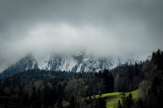 View of snow dusted mountain peaks shrouded in ethereal mist a tapestry of dark forests and verdant meadows creating a striking contrast Train from Lucerne to Interlaken Switzerland. View of snow dusted mountain peaks shrouded in ethereal mist a tapestry of dark forests and verdant meadows creating a striking contrast Train from Lucerne to Interlaken Switzerland.