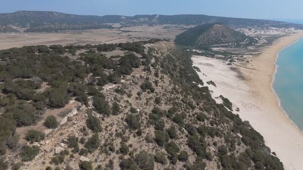 Aerial view of the Karpaz Peninsula coastline Northern Cyprus.