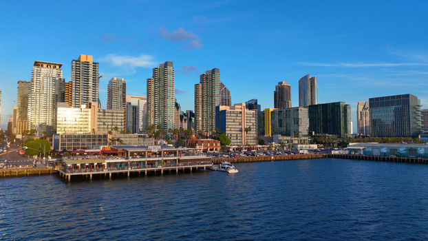 San Diego United States 01 April 2026 Aerial view of the San Diego skyline and Portside Pier along the North Embarcadero featuring modern skyscrapers and waterfront dining.