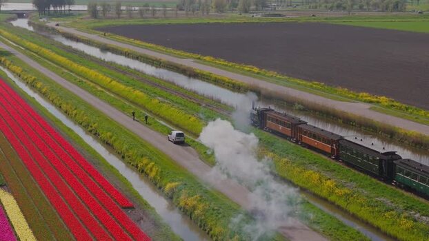 Aerial view of Museum Hoorn Medemblik steam train Netherlands.