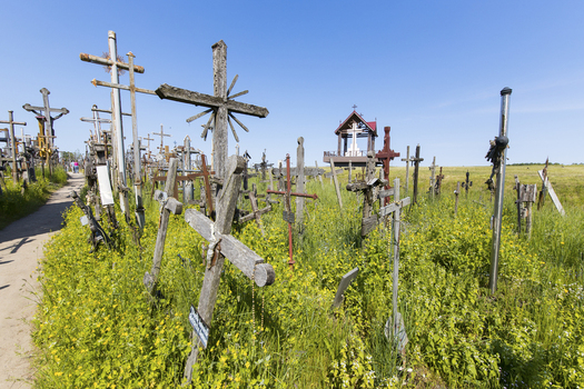 View of Hill of Crosses with numerous wooden and metal crucifixes standing among green grass and wildflowers under a clear blue sky Siauliai Siauliu apskritis Lithuania. View of Hill of Crosses with numerous wooden and metal crucifixes standing among green grass and wildflowers under a clear blue sky Siauliai Siauliu apskritis Lithuania.