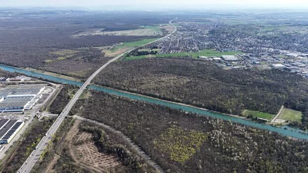 Aerial view of canal and highway France.