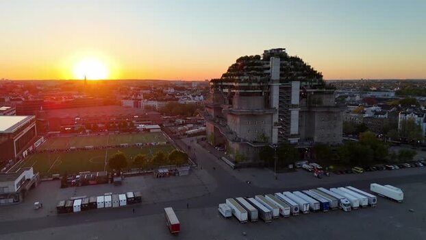 Aerial view of the St. Pauli Bunker at sunset in Hamburg Germany. Aerial view of the St. Pauli Bunker at sunset in Hamburg Germany.