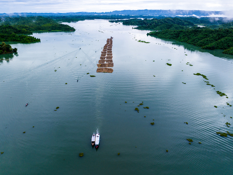 Aerial view of Kaptai Lake with wooden boats transporting timber rafts across the water surrounded by lush green hills in Rangamati Chittagong Division Bangladesh. Aerial view of Kaptai Lake with wooden boats transporting timber rafts across the water surrounded by lush green hills in Rangamati Chittagong Division Bangladesh.