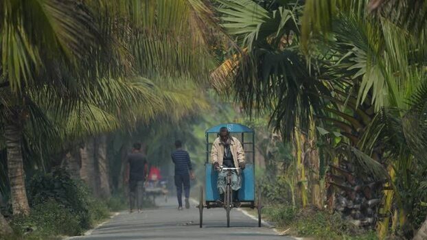 View of a man riding a rickshaw on a palm lined road Bangladesh.