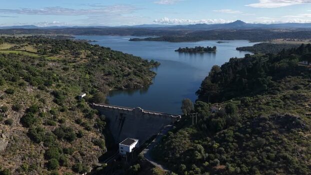 Aerial view of the Povoa Dam and reservoir Portugal.