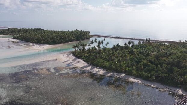 Aerial view of a tropical island with palms and blue water Maldives.