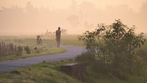 View of a person walking on a misty rural road in Bogura Bangladesh.