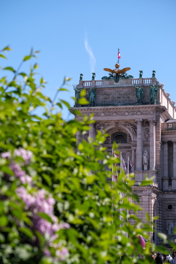 View of the Hofburg palace facade with ornate sculptures and a golden eagle seen through green leaves and purple lilacs in Vienna Vienna Austria. View of the Hofburg palace facade with ornate sculptures and a golden eagle seen through green leaves and purple lilacs in Vienna Vienna Austria.