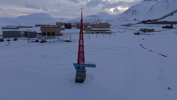 Aerial view of the Pyramiden monument in Svalbard and Jan Mayen.