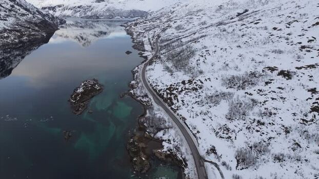 Aerial view of Lofoten snowy landscape in Vagan Municipality Norway.