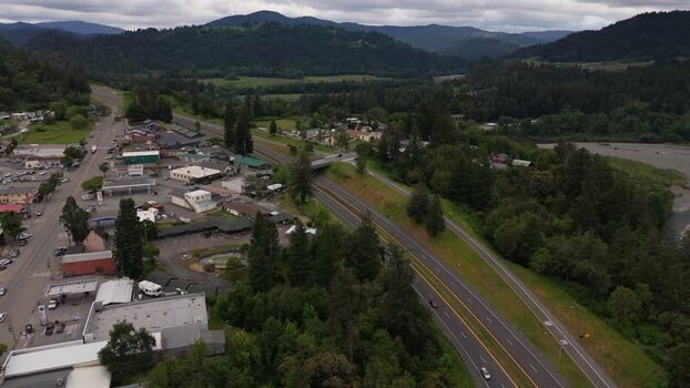Aerial view of Garberville town and highway United States. Aerial view of Garberville town and highway United States.