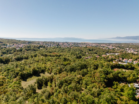 Aerial view of the dense green forests surrounding the village of Marcelji with the Adriatic Sea visible on the horizon Marcelji Primorje Gorski Kotar Croatia.