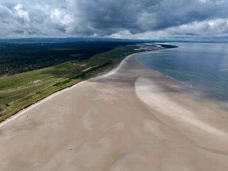 Aerial view of the Moray Firth Coast featuring expansive sandy beaches grassy dunes and dark forested areas under a dramatic cloudy sky in Nairn Scotland United Kingdom.