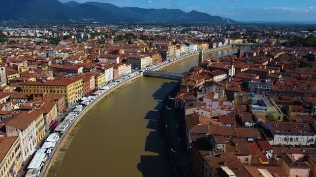 Aerial view of Arno River in Pisa Italy.