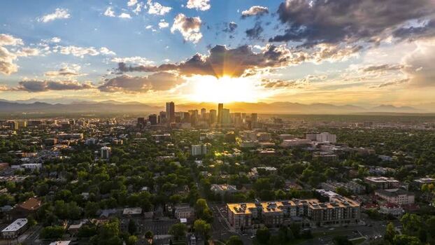 Aerial view of Denver skyline at sunset United States.
