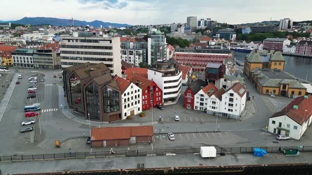 Aerial view of Stavanger harbor and historic buildings Norway.