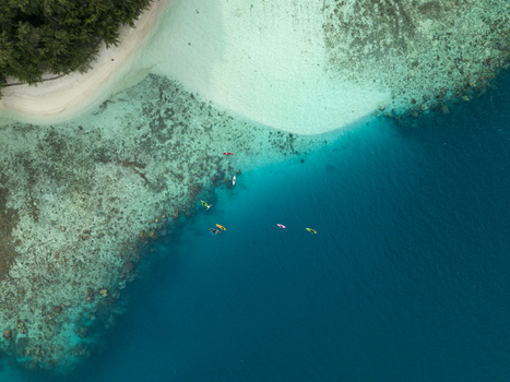 Aerial view of the turquoise waters meeting the white sandy beach of Menjangan Kecil Island creating a stunning contrast Karimunjawa Central Java Indonesia.