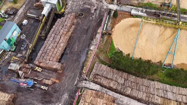Aerial view of the Ence biofactory industrial yard in Spain. Aerial view of the Ence biofactory industrial yard in Spain.