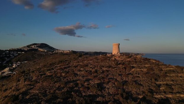 Aerial view of Torre del Cap d Or watchtower in Moraira Spain.