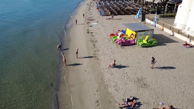 Aerial view of Morning beach in Paralia Greece.