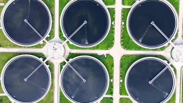 Aerial view of sewage treatment plant tanks in Dhaka Bangladesh.
