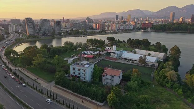 Aerial view of the Artificial Lake and city skyline Albania. Aerial view of the Artificial Lake and city skyline Albania.