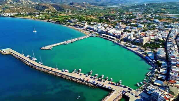 Aerial view of Crete harbor with boats and turquoise water Greece.