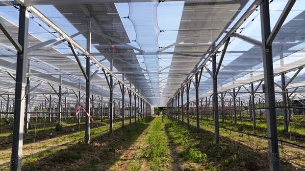 Aerial view of agrivoltaic system in Faenza Italy.
