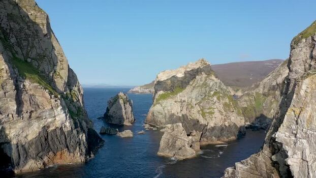 Aerial view of Glenlough Bay sea stacks in Ireland.