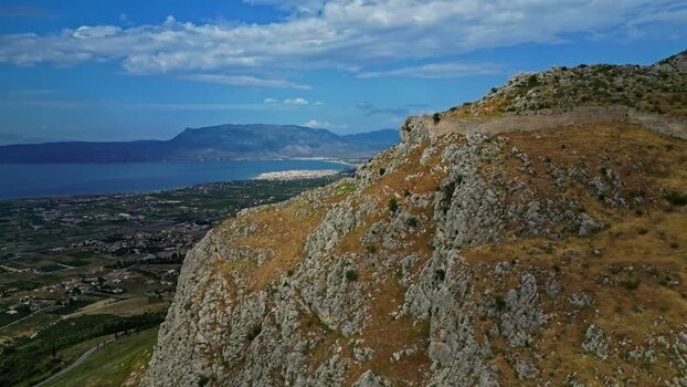 Aerial view of rocky coastal mountain landscape Greece.