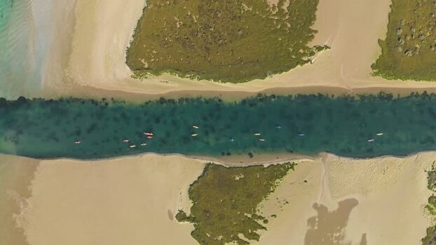 Aerial view of kayaks in the Lagoa de Obidos channel Portugal.