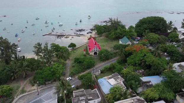 Aerial view of the red roofed church at Cap Malheureux Mauritius.