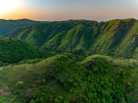 Aerial view of the lush green rolling hills of the Aravalli range during golden hour in Udaipur Rajasthan India.