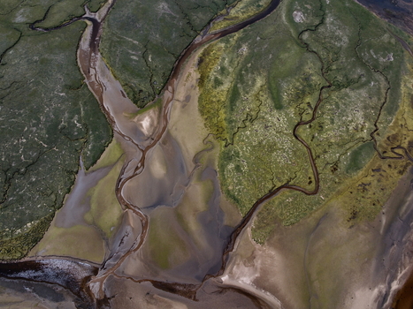 Aerial view of Findhorn Bay featuring winding water channels green marshland and sandy banks in Findhorn Scotland United Kingdom. Aerial view of Findhorn Bay featuring winding water channels green marshland and sandy banks in Findhorn Scotland United Kingdom.